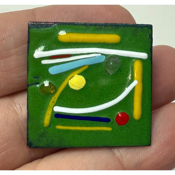 Vintage Enamel Over Copper Square Pin Brooch Modernist MCM Green Yellow Retro - Picture 1 of 2